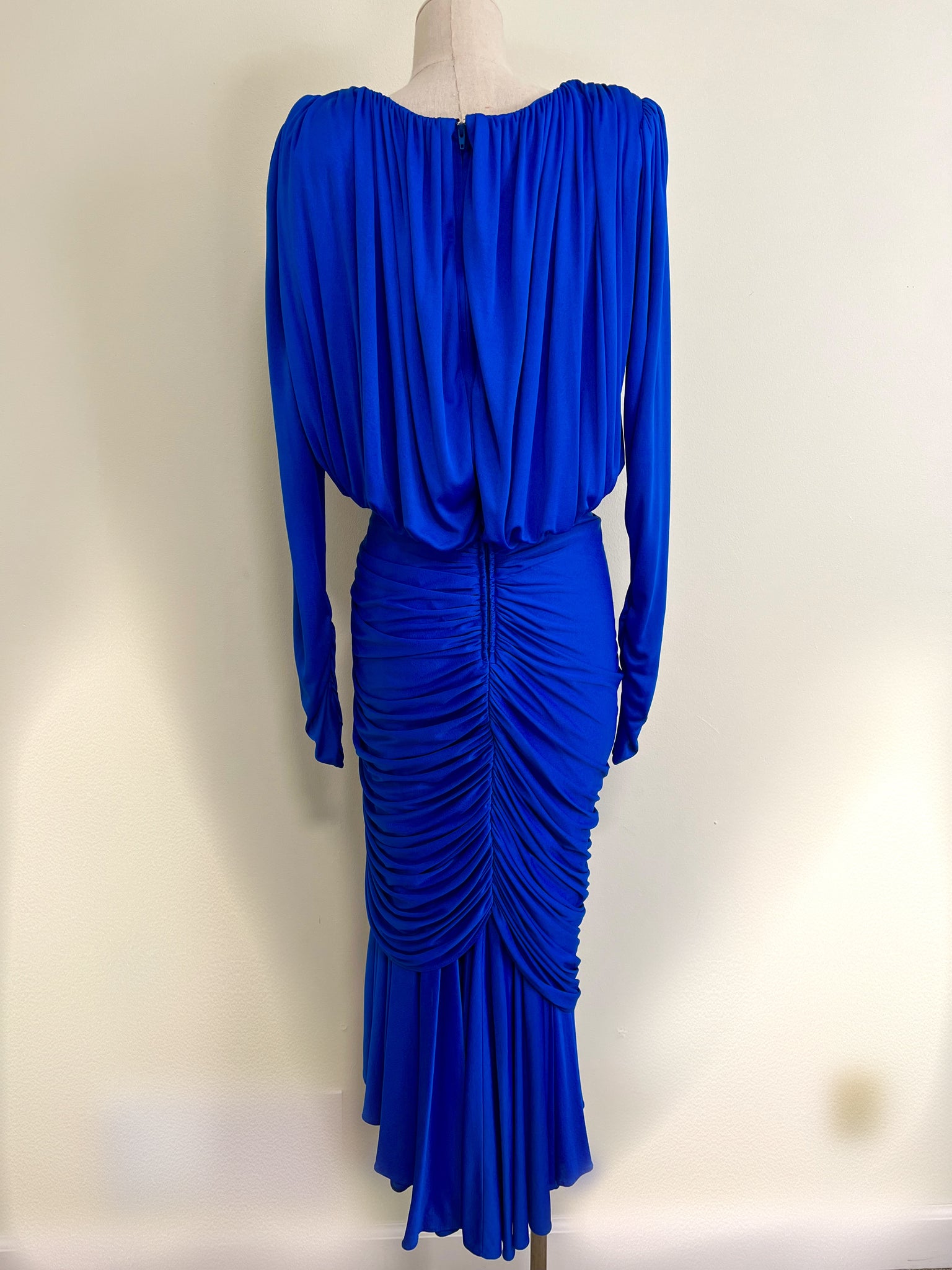 Vintage Royal Blue Draped Cinched Rhinestone Dress by Cache – Showstopper Vintage