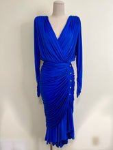 Load image into Gallery viewer, Vintage Royal Blue Draped Cinched Rhinestone Dress by Cache
