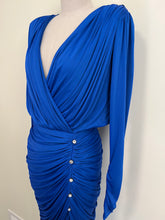 Load image into Gallery viewer, Vintage Royal Blue Draped Cinched Rhinestone Dress by Cache
