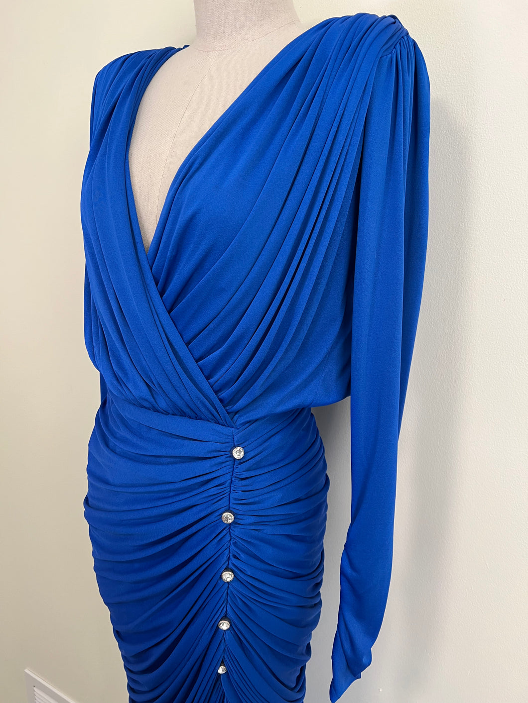 Vintage Royal Blue Draped Cinched Rhinestone Dress by Cache