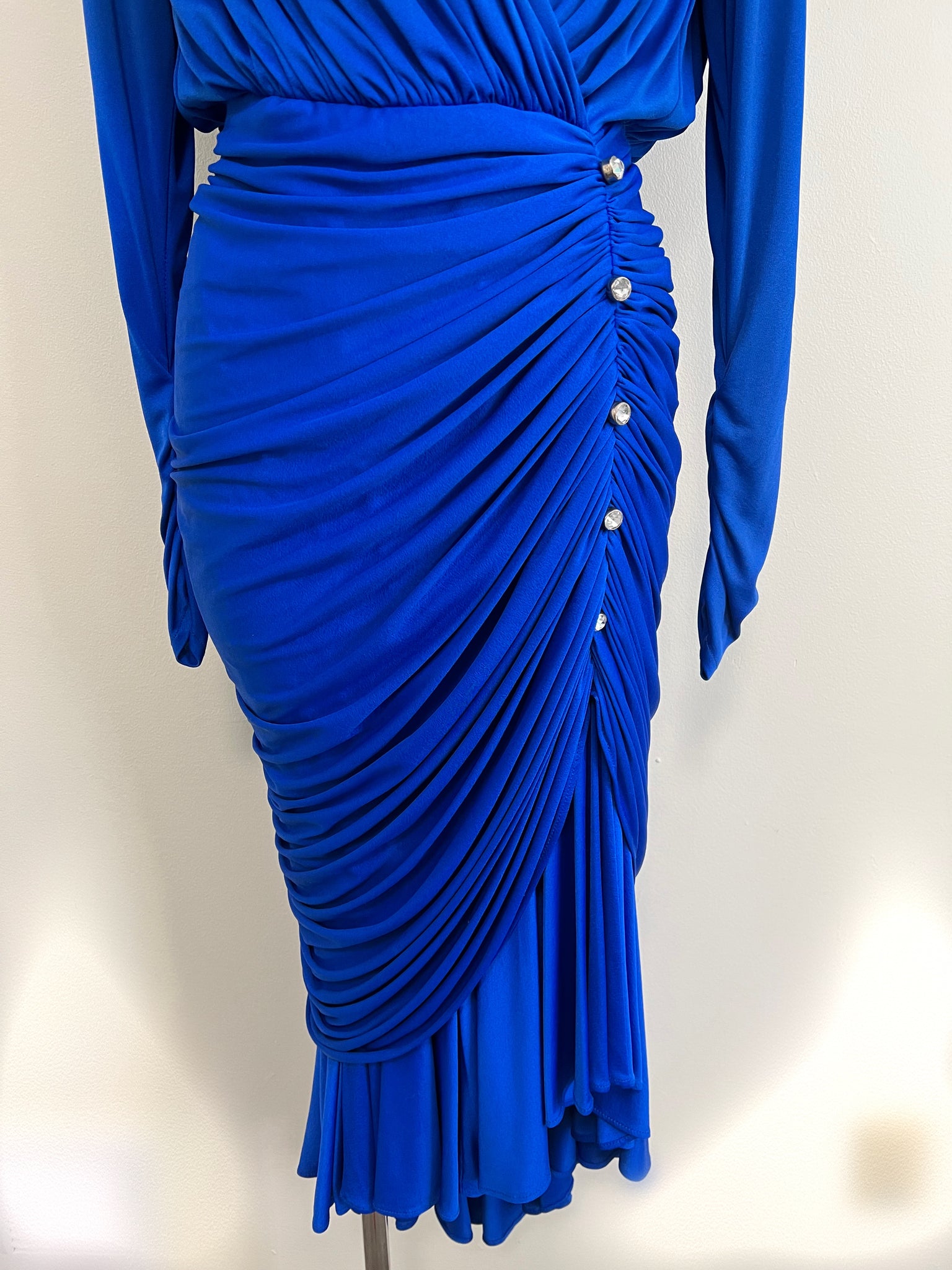 Vintage Royal Blue Draped Cinched Rhinestone Dress by Cache